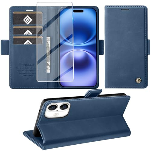 Giyer Handyhülle für iPhone 16 Hülle mit Schutzfolie, Kartenfach Wallet Klapphülle Premium Leder Standfunktion Schutzhülle für iPhone 16 4G/5G Flip Case Cover Tasche (Blau)
