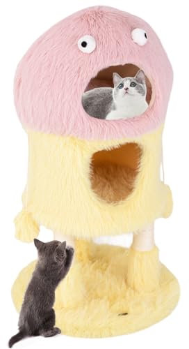 GYMAX Cat Tree, 93cm Monster-Themed Cat Tower with 2 Cat Condos, Sisal Scratching Post and Hanging Sound-Making Toys, Cute Kitten Activity Center for Indoor Cats