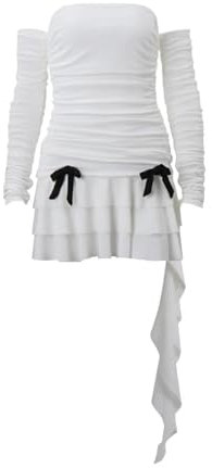 Rock Damen Langer Taille Skirt Linie Falten Kleid Mit Schlitzausschnitt, Rüschen, Schleife, Applikation, Schulterfrei, Abgestufte Minikleider L Weiss