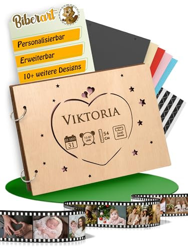 Personalisiertes Kinderalbum I Fotobuch I Fotoalbum aus Holz mit Ösen I mit Wunschgravur Kinderdaten und Namen I Zum Selbstgestallten I In Kinderherz Design
