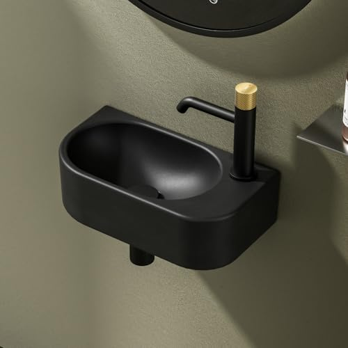 EMKE Lavamano Sospeso 40 x 21,5 x 12 cm,Rubinetto a Destra,Nero Opaco | Lavandino Rettangolare per Bagno Piccolo e WC, Mini Lavabo a Parete - Senza Rubinetto e Piletta