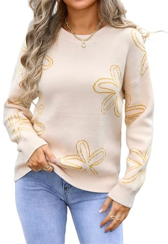 HEYPORK Damen Herbst Winter Warm Bequem Pullover Casual Mode Strickjacke Strickpullover Frauen Blume Langarm Rundhals Pullover Stricken(Aprikose, M)