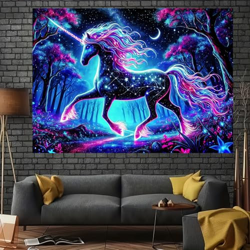 BlissYard Schwarzlicht-Einhorn-Tapisserie, UV-reaktive Waldlandschaft, Wandbehang, Dekoration, Neon-Wolf, Wandteppich, geheimnisvolles Poster, Decke, Wandteppich für Zimmer, Schlafzimmer, Schlafsaal,