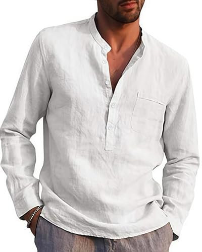 Rodawu Mens Linen Shirts Long Sleeve Casual Cotton Summer Beach Henley Shirt Tops White XL