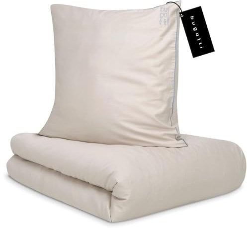 bugatti Bettwäsche 155x220 cm - 100% Baumwolle, Reißverschluss, anschmiegsam, weich & waschbar, Satinbettwäsche beige blau einfarbig