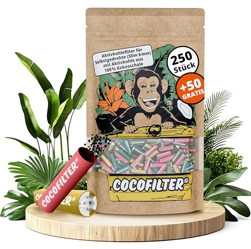 CocoFilter® Filtres au charbon actif 6mm en coque de coco [250 + 50 pcs.] | 300 Filtres slim naturels avec embouts en céramique pour cigarettes roulées, 27mm chacun, dans un sachet refermable