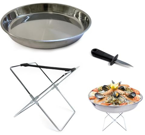 WDMT Juego de platos para servir mariscos, acero inoxidable, 35 cm, con soporte para cuenco y cuchillo para ostras