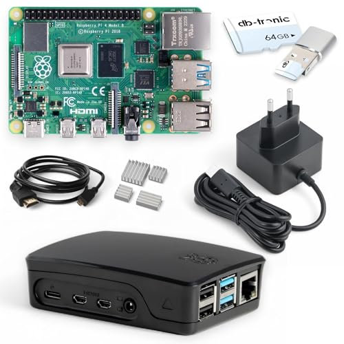 Raspberry Pi 4 8GB Starter Kit Black | Fuente de alimentación USB-C de 15 W | Carcasa | Edición 64 GB | Cable Micro HDMI 4K | Juego de disipador de calor