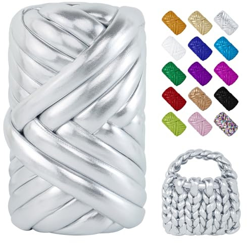 LEREATI Fettuccia per Borse a Uncinetto, 500g Filo Cotone Grosso Metallico Tubolare Gigante Filato Grosso per Borse, Cestini, Tappeti, Fai da Te Artigianato (Argento)