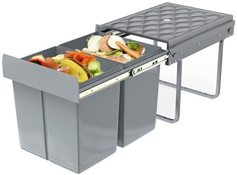VANCHEMO Einbaumülleimer 2x15 L, Mülltrennsystem Ausziehbar Mülleimer Küche 2-Fächer Mehrfachbehälter Abfallsammler Schrankmülleimer Geruchsdicht Komfortabler Zugang für Küche 48x34x35cm
