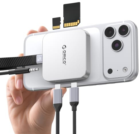 ORICO USB-C SD-Kartenleser Magnetischer SD 3.0 Speicherleser, mit 100W USB C-Anschluss, Typ C 5Gbps, 3,5mm AUX, kompatibel mit iPhone 17/16/15, 104 MB/s Datenübertragung AIR5C