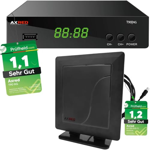 [ Test 2X SEHR GUT *] AXRED T90 HD DVBT2 Receiver + AX055 DVB-T/DVB-T2 Antenne mit Verstärker 30dBi für innen, mit PVR Aufnahmefunktion, für DVB T2 TV Fernseher Radio DVBT, DVB T Box, USB HDMI