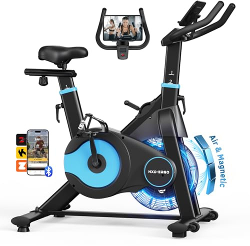 HXD-ERGO Exercise Bike, Magnetic & Air Resistance Indoor Bike, Stationary Bike for Home with Silent Belt Drive, Adjustable Resistance, App Compatible Cycling Bike with LCD Monitor, 350lbs Capacity Workout Bike