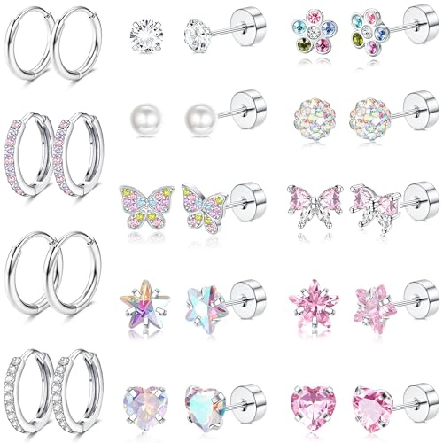 FIOROYAL 14 Paar Hypoallergene Kleine Ohrringe Set für Damen Mädchen Chirurgenstahl Schraubverschluss Medizinische Ohrstecker Niedlich Raffiniert Creolen Blumen Schmetterling Herz CZ Ohrringe F