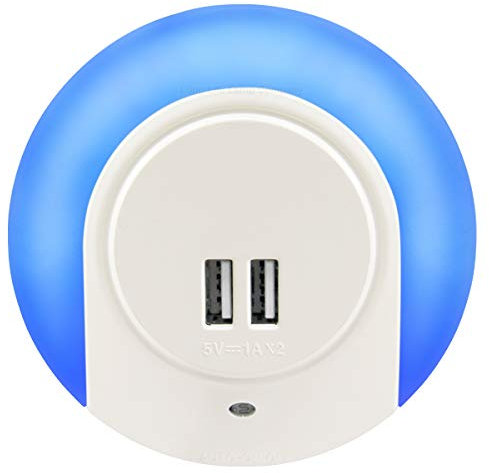 Plug in LED Night Light with 2 USB Port Charger 1w Blue Automatic Sensor Dusk to Dawn Night Light for Bedroom Childrens Room Hallways Living Rooms A78B