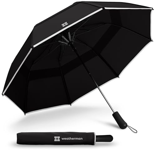 Weatherman Premium Collapsible Travel Umbrella - Windproof, Compact, Easy Auto Open - Resists Up to 55 MPH Winds - Perfect for Rain, Wind, Backpack, Car - Folding Umbrella (Black)