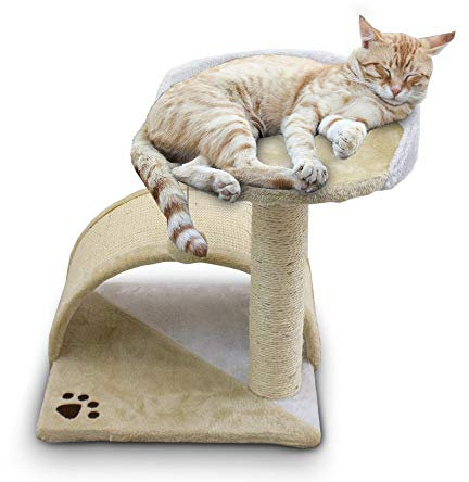 BITUXX® Katzen Kratzbrücke Kratzbaum Katzenkratzbaum mit Liege und Sisalsäule und Plüschbezug (Beige/Weiß)