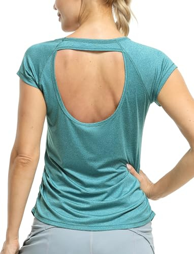 icyzone Damen Sport T-Shirt Kurzarm Laufshirt Rückenfrei Fitness Oberteile Gym Yoga Top