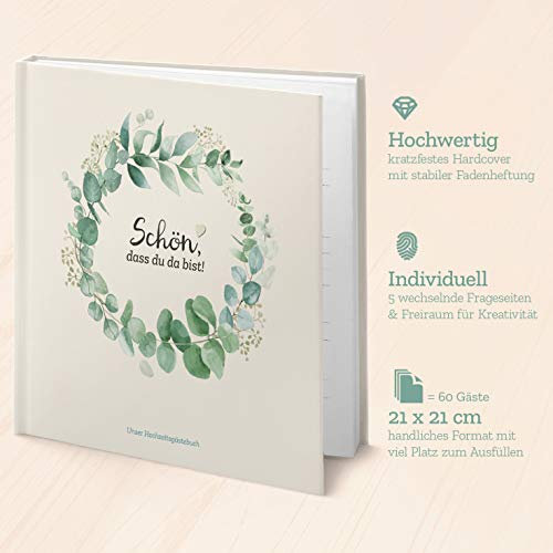 Hochzeit-Gästebuch mit Fragen Greenery - individuell & abwechselnd: viel Freude beim ausfüllen für Gäste und schöne Erinnerung an Hochzeitsfeier (120 Seiten, 21x21 cm)
