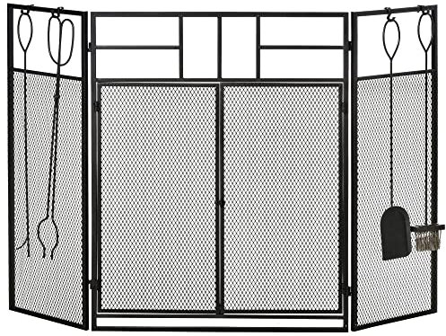 HOMCOM Salvachispas para Chimenea Protector de Chimenea Plegable con Paneles con Doble Puerta 4 Herramientas Estructura de Metal y Ganchos 106x79 cm Negro