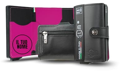 SLim Portafoglio Personalizzabile Porta Carte di Credito Schermato Portacarte Anticlonazione Uomo Donna Personalizzabile (Nero e Fucsia con Zip)