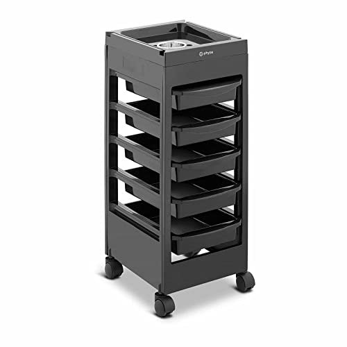 Physa PHYSA-RR-12 Friseurwagen 10 kg 5 Schubladen Föhnhalter Schwarz Friseur-Arbeitswagen Friseur-Trolley Arbeitswagen Friseur