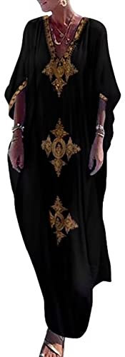 Bsubseach Gold Embroidery Long Kaftan Dresses V Neck Caftan Dress Beach Cover Ups for Women Black