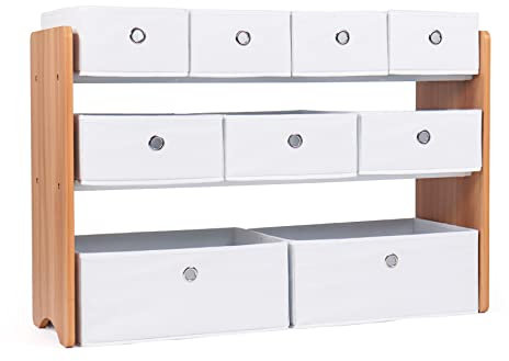 Humble Crew Journey Large Toy Storage Organiser for Children with 9 Collapsible Fabric Storage Bins, Ideal for Storing Toys, Games, Books and Craft Supplies - Natural Wood/White