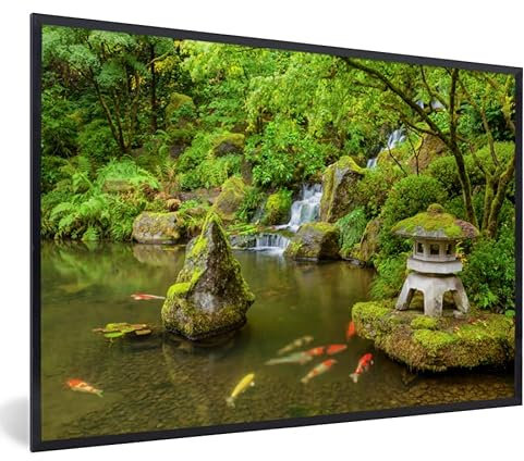 MuchoWow Poster Bilder Wanddeko Deko Wohnzimmer 90x60 cm Wasserfall - Koi - Japanische Laterne - Moos - Wasser