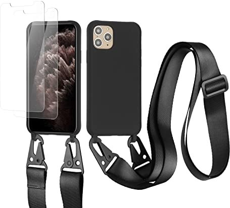 vrupin kompatibel mit iPhone 11 Pro Handykette Hülle,[2 Stück Schutzfolie 9H Härte Gehärtete Folie].Necklace Hülle Nylon Schultergurt Weich Flüssiges Silikon-schwarz