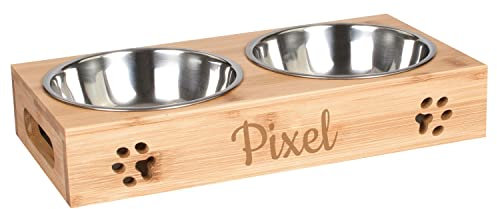 LAUBLUST Station d'alimentation pour Chiens personnalisée avec nom – Naturelle | 31x15x6cm, surélevée - Mangeoire et Abreuvoir pour Chats | 2 gamelles en INOX x 0,35L | Gamelle avec Gravure pour Chat