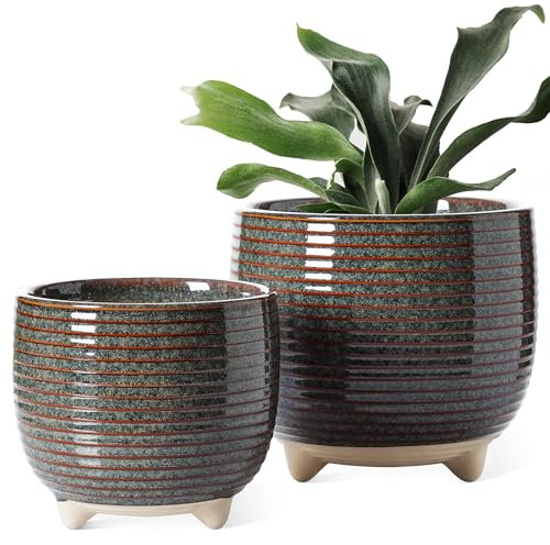 LE TAUCI 2 er Pack Keramik Blumentöpfe mit Füßen, 12+16 cm Durchmesser Klein Übertöpfe Set, Blumentopf für Zimmerpflanzen mit Abflussloch, Reaktive Glasur Schwarz