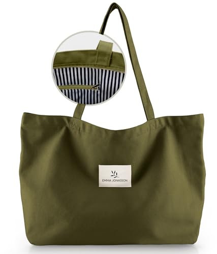 Emma Jonasson Shopper Tasche Damen groß - Großer Jutebeutel mit Reißverschluss und Innentasche - Aesthetic Tote Bag - Große Stofftasche für Einkauf Arbeit Uni Schule grün