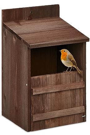 Relaxdays Nistkasten für Halbhöhlenbrüter, aufklappbar, Einflugspalt HxB: 10 x 19,5 cm, Vogelhaus zum Aufhängen, braun