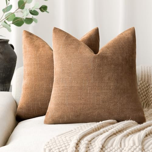 Foindtower Set von 2 weich strukturierten Chenille Throw dekorative Kissenbezüge Square Accent Solid Cushion Neutral Farmhouse Kissenbezug für Couch Sofa Schlafzimmer Wohnzimmer 50x50 cm, Braun