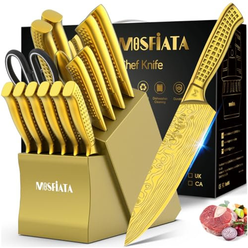 MOSFiATA Messerblock Set, Küchenmesser Set 17pcs Scharf Edelstahl und Schere, Profi Kochmesser Set, mit Fingerschutz und Geschenkboxen