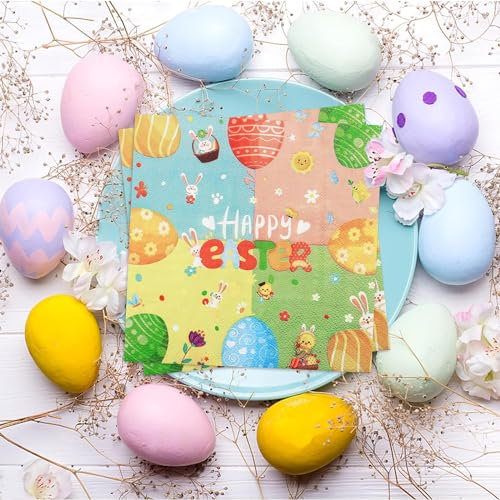 Ostern Servietten Ostern Deko, 40Stück Ostereier Hase Papierservietten Happy Easter Napkins Frühling Blumen Servietten Schmetterlinge Tischdeko (Ostern B, 40P)