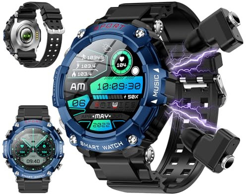 ATEVIX Smart Watch with Earbuds for Men, 1.52 Inch Round Fitness Watch T96, 2 in 1 Bluetooth Watch with Step,Calories, Sports Smart Watch Long Time Standby for iOS & Android