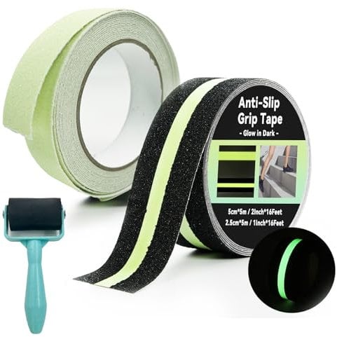 Daily Treasures 2 Pack Anti-Slip Grip Tape Glow in Dark with A Roller, 2×16Ft Luminous & 1×16Ft All-Luminous Stair Non Slip Adhesive,PET High Traction Grit Tapes for Stairs Steps Indoor&Outdoor