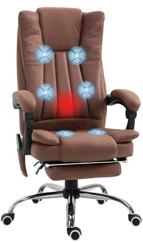 Vinsetto Office Chair with Massage and Heat, Microfibre Reclining Computer Desk Chair with Footrest and Adjustable Height, Swivel Wheels for Home Office, Brown