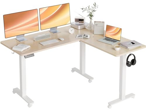 Claiks L Shaped Standing Desk, 160 x 140 cm Dual Motor Adjustable Height Electric Standing Corner Desk for Home Office, Sit-Stand Computer Ergonomic Table For Home Office, White Frame/Beige Top