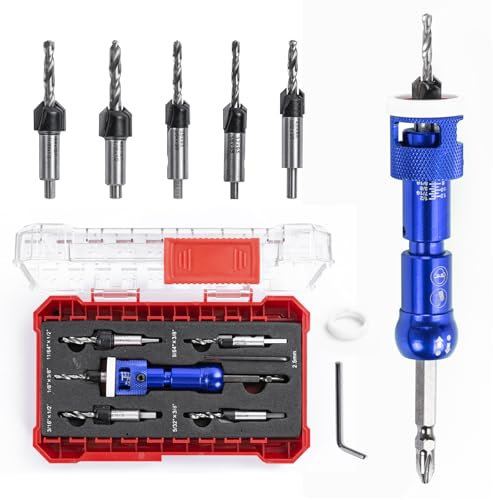 5Pcs Countersink Drill Bit Set, HSS M2 Tapered Bits Woodworking Counterbore Hole Drill Bits with 1/4” Hex Shank Quick Change, for Woodworking and Carpentry, Pilot Screw Hole Set (Blue)