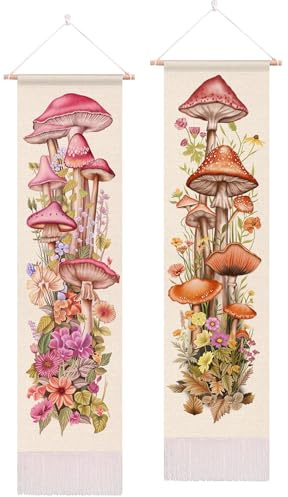ARTCREATOR 2 Stück Pilz-Wandteppich für Schlafzimmer, Wandbehang, Boho-Raumdekoration, botanische Blume, vertikale Wanddekoration, niedliche Blumenpflanze, Wandteppich, Cottagecore-Dekor für Zimmer