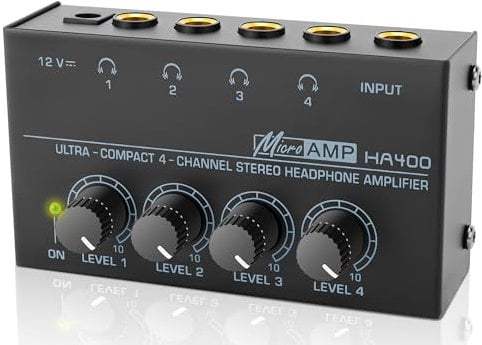 HA400 Headphone Amplifier -4 Channel Metal Stereo Audio Amplifier, Mini Earphone Audio Amplifier with 12V 1A Power Adapter, 1/4 TRS Headphones Output and TRS Audio Input