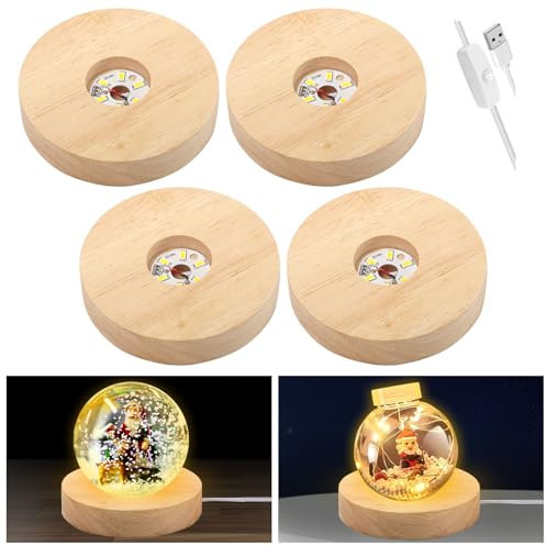 4 Pcs Wooden LED Light Base, Wooden Light Stand Base Round LED Light Dispaly Base USB Sphere Holder Crystal Glass Light Base Stand Wood LED Display Stand for Crystal Ball Resin Art (Warm Light)