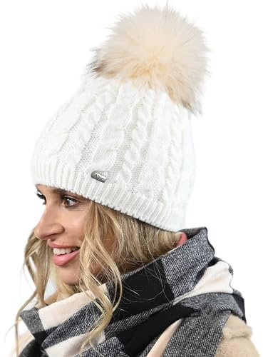 Alur Mütze Damen Beanie Wintermütze Strickmütze mit Bommel - Warme Elastisch Elegant Winter Mütze EKO Bommelmütze - Weiches Garn Stilvoll Universell Warm (Creme)