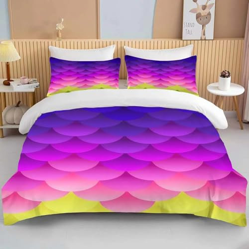 Fantasy Fischschuppen Kunstdruck Erwachsene und Kinder Luxus Mädchen Modern Geometrisch Bettbezug Ripple Queen Dreiteiliges Set 135x200cm (53x79in) Bettbezug Set