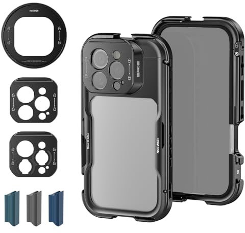 NEEWER 16 Pro Käfig Cage Schnellwechsel Video Rig Handy Stabilisator kompatibel mit iPhone 16 Pro mit Adaptern für 67mm Filter, 17mm Objektiv und T Montage Lens Zugriff auf die Kamera Steuerung, PA073