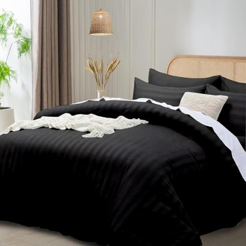 Funky Gadgets Double Duvet Cover Set Black, Microfiber Satin Stripe Luxury Hotel Bedding Sets with Pillowcases Breathable Ultra Soft Reversible Quilt Covers