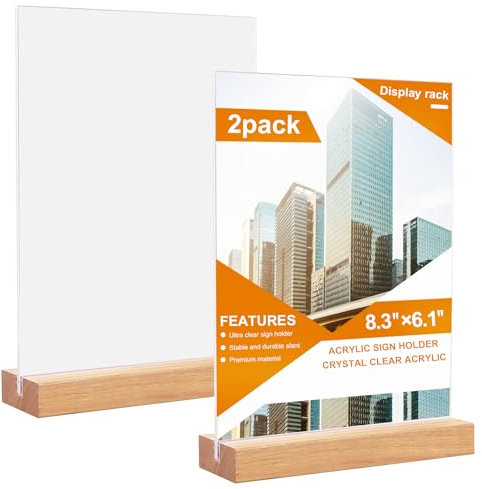 Jortmrd 2 Stück Tischaufsteller A5 Acryl Aufsteller mit Holzfuß Menükartenhalter Thekenaufsteller Preisschilder Fotoaufsteller Werbeaufsteller Display Tischständer für Menükarte Cafe Restaurant